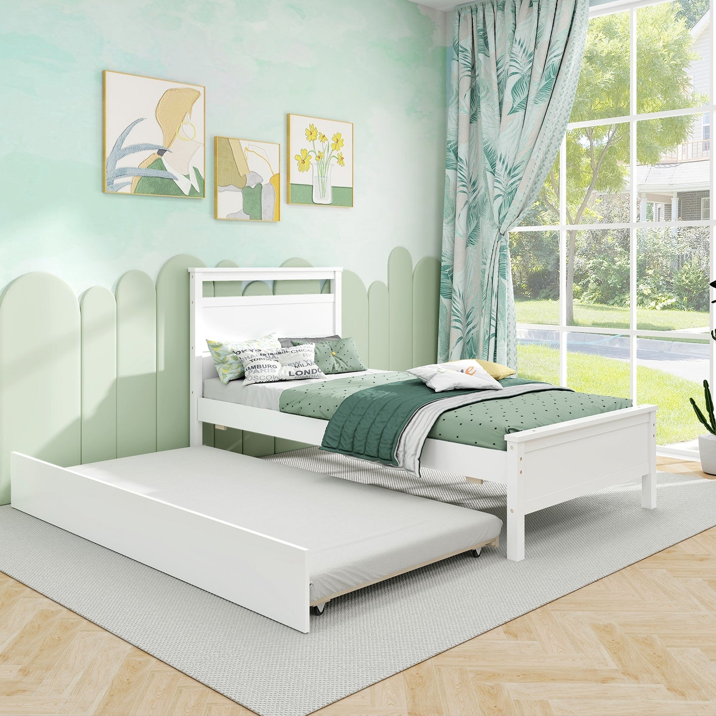 Twin Size Wooden Bed Frame with Trundle for Teens and Adults, White Trundle Bed Frame at Gallery Canada