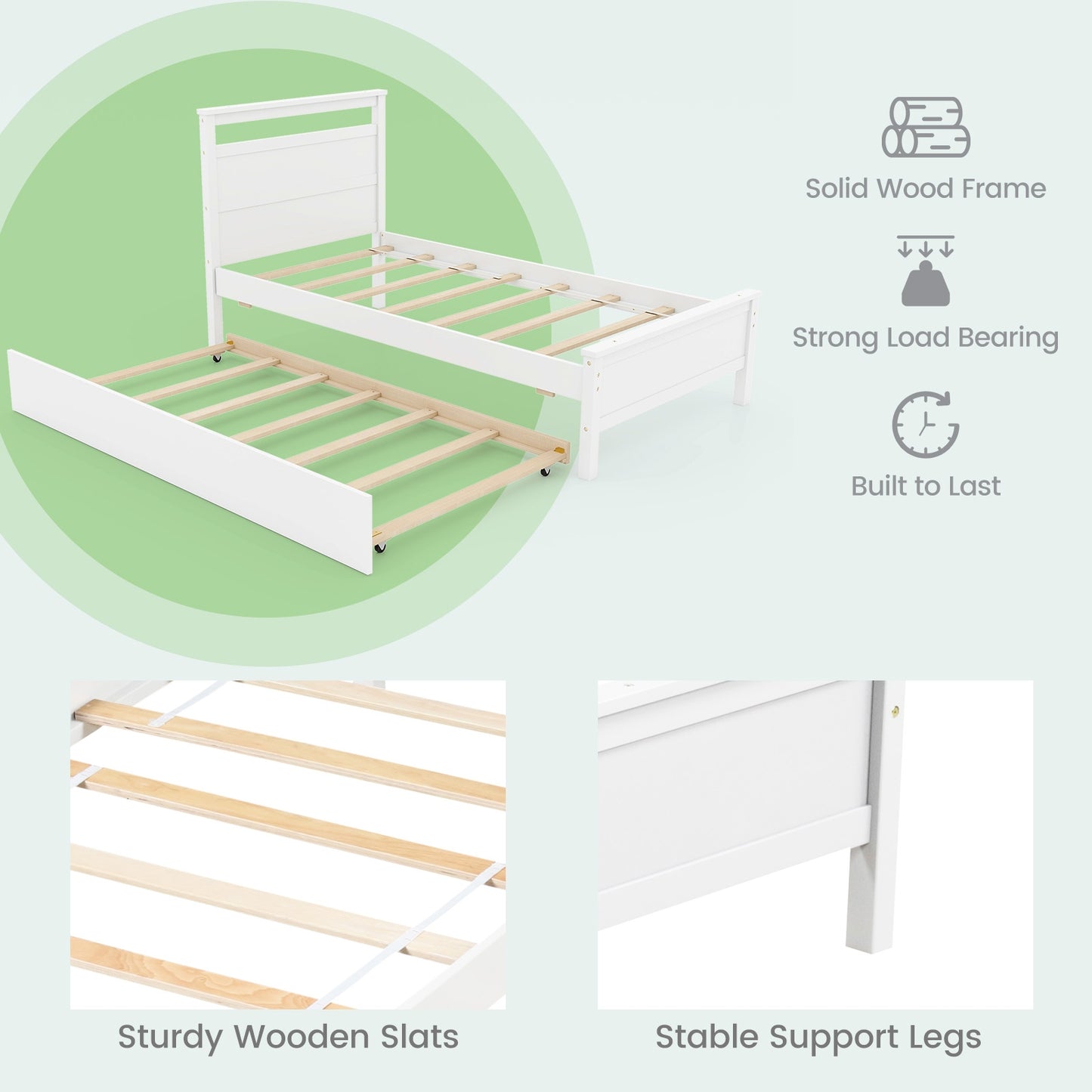 Twin Size Wooden Bed Frame with Trundle for Teens and Adults, White Trundle Bed Frame at Gallery Canada