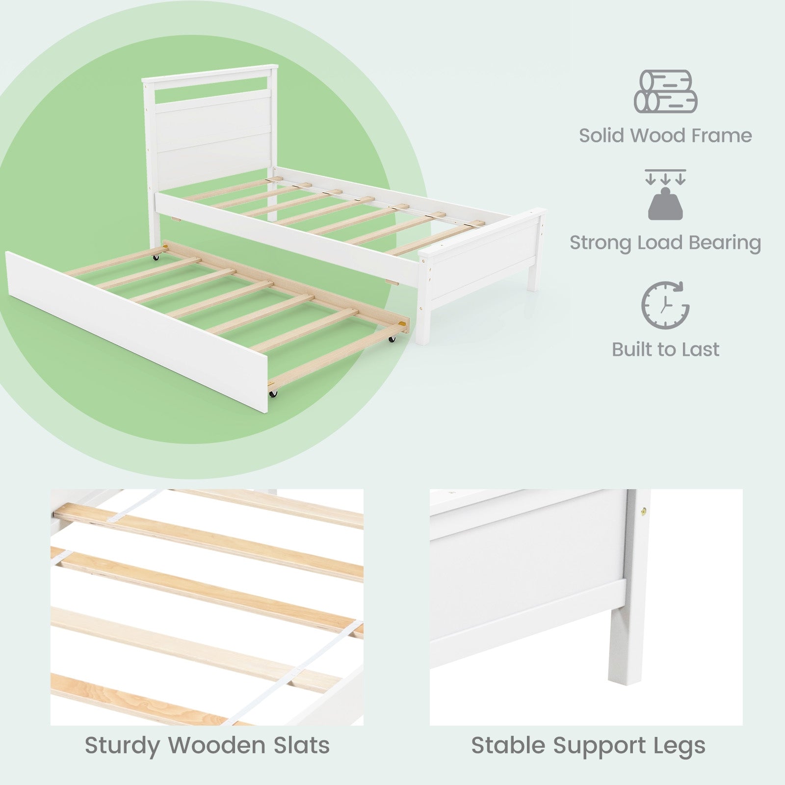 Twin Size Wooden Bed Frame with Trundle for Teens and Adults, White Trundle Bed Frame at Gallery Canada
