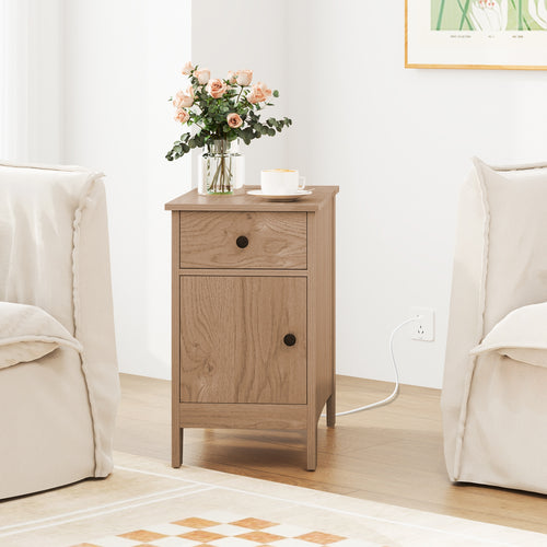 Flip Top End Table With Charging Station, USB Ports, Drawer, Natural