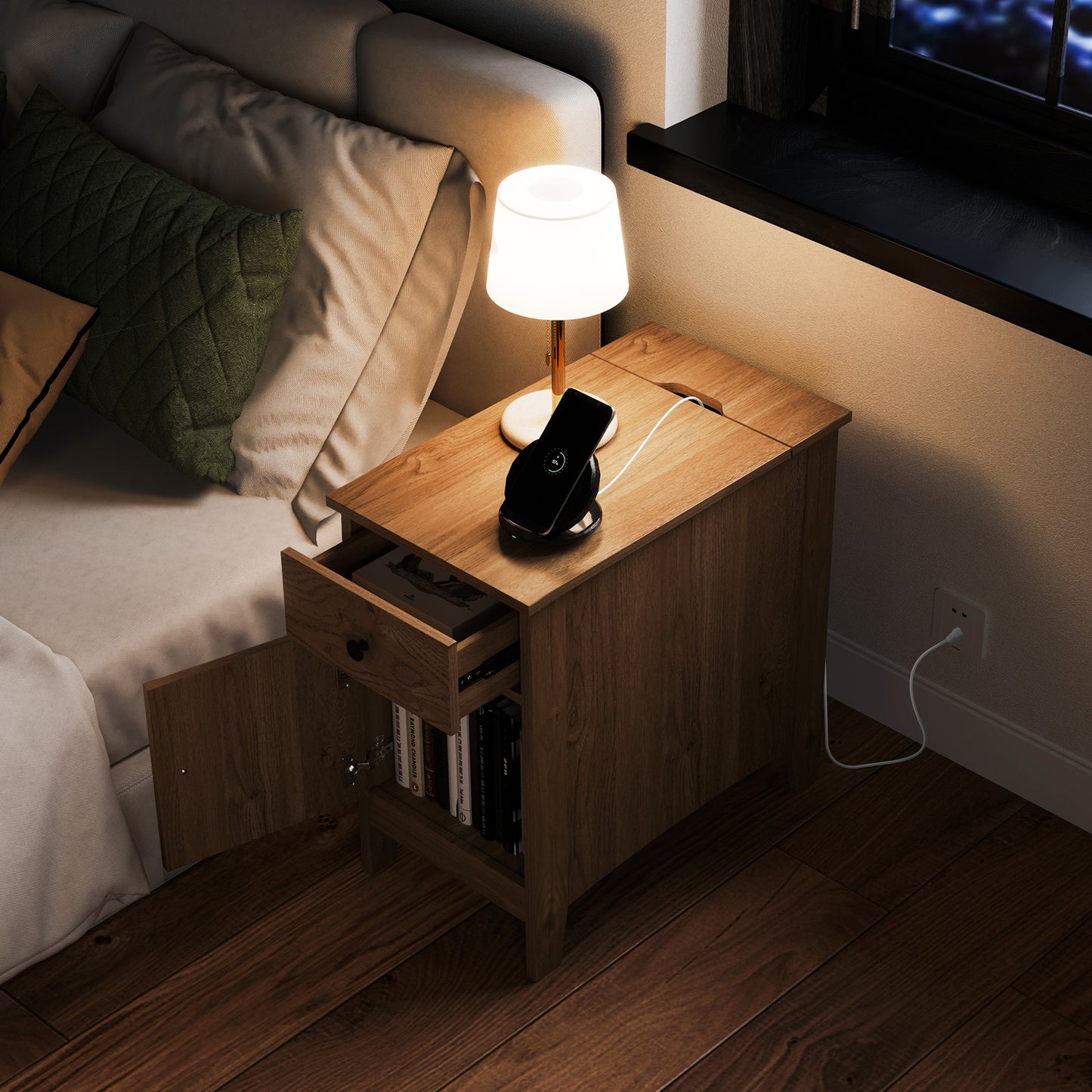 Flip Top End Table With Charging Station, USB Ports, Drawer, Natural Nightstands at Gallery Canada