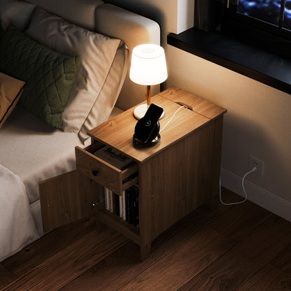 Flip Top End Table With Charging Station, USB Ports, Drawer, Natural Nightstands at Gallery Canada