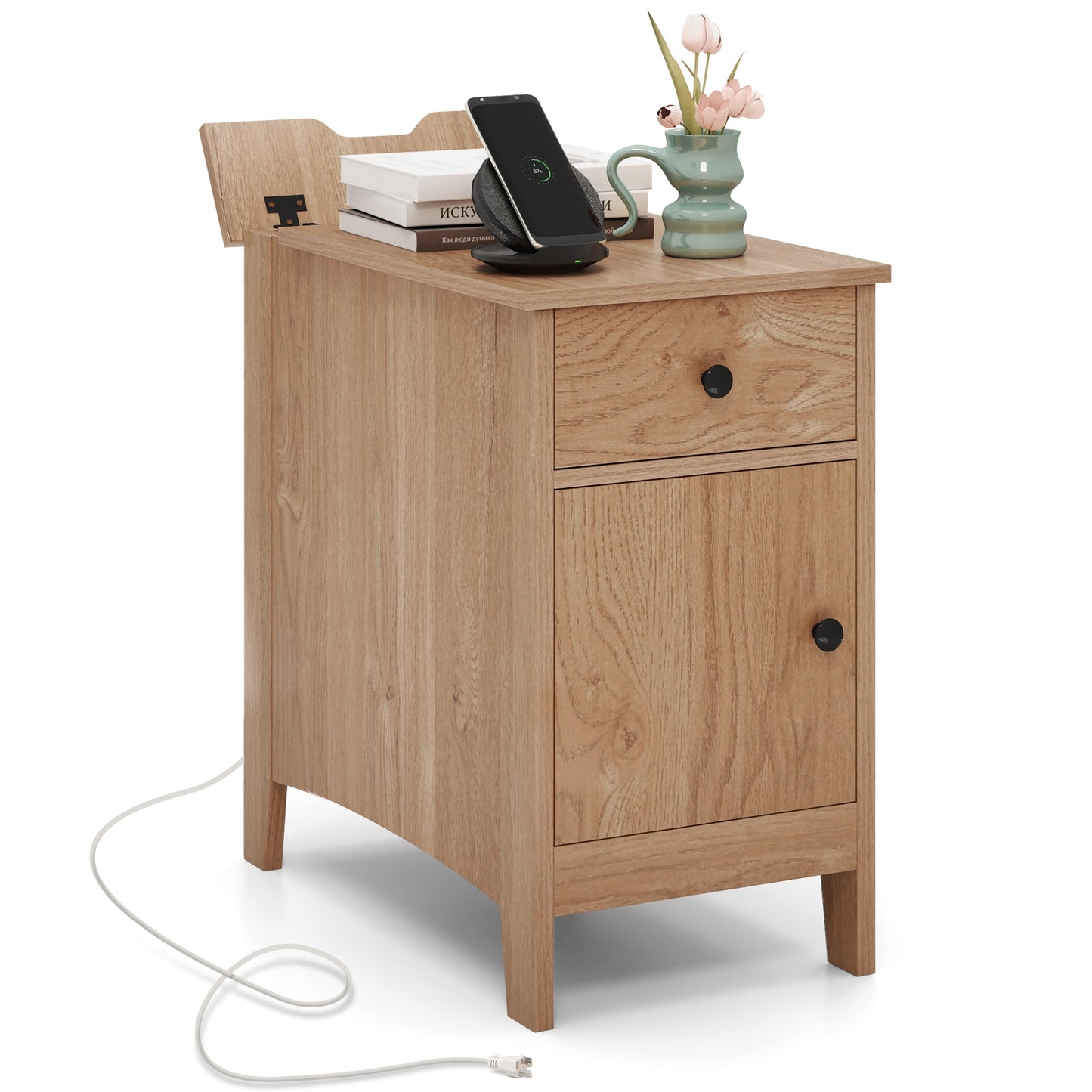Flip Top End Table With Charging Station, USB Ports, Drawer, Natural Nightstands at Gallery Canada