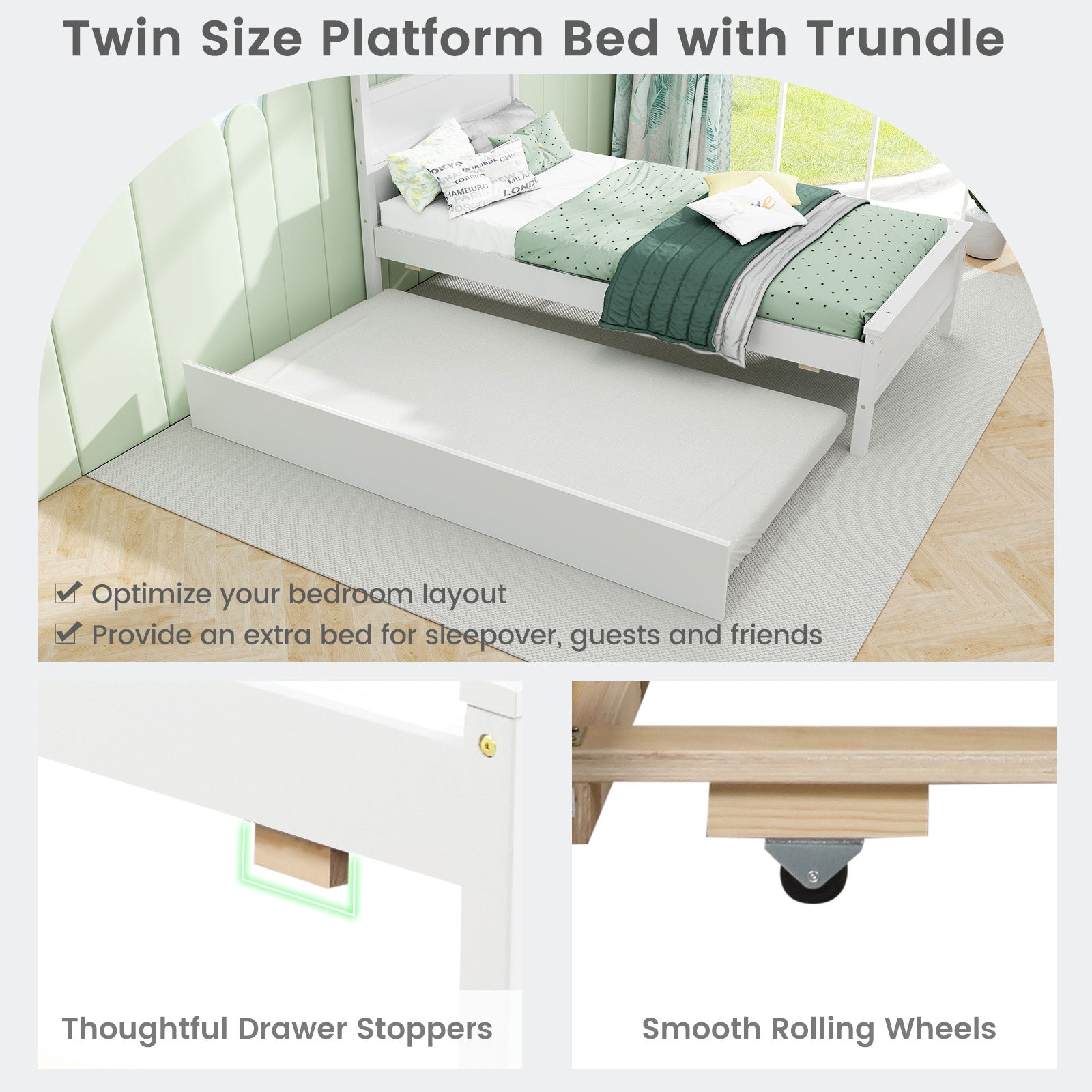 Twin Size Wooden Bed Frame with Trundle for Teens and Adults, White Trundle Bed Frame at Gallery Canada