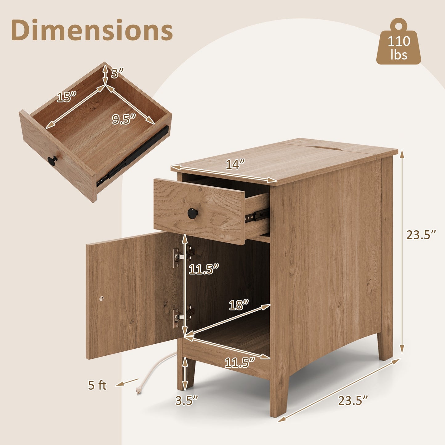 Flip Top End Table With Charging Station, USB Ports, Drawer, Natural Nightstands at Gallery Canada