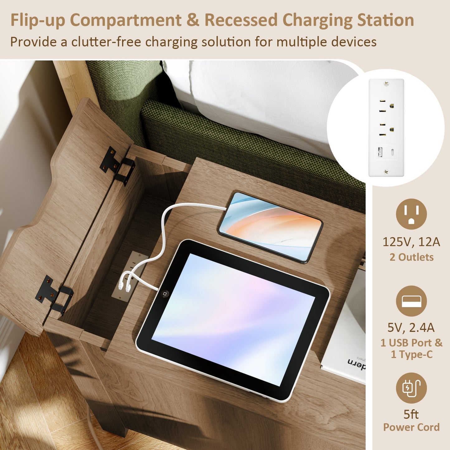 Flip Top End Table With Charging Station, USB Ports, Drawer, Natural Nightstands at Gallery Canada