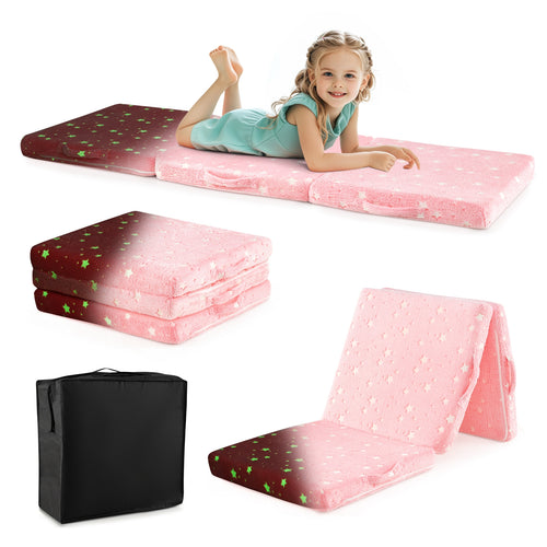 Foldable Floor Mattress for Kids with Washable Flannel Cover, Pink