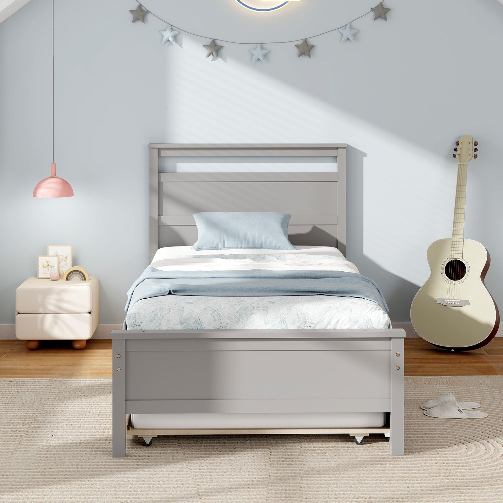 Twin Size Wooden Bed Frame with Trundle for Teens and Adults, Gray Trundle Bed Frame at Gallery Canada