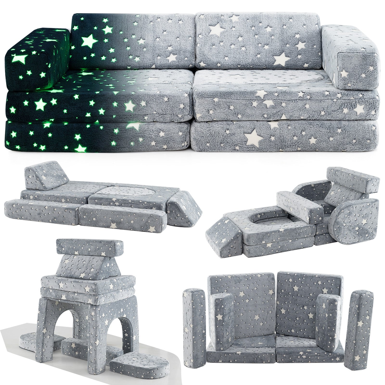 Modular Kids Play Couch Sectional Sofa, 10 Pieces, Glow In Dark, Gray Kids Chairs & Seating Gray at Gallery Canada