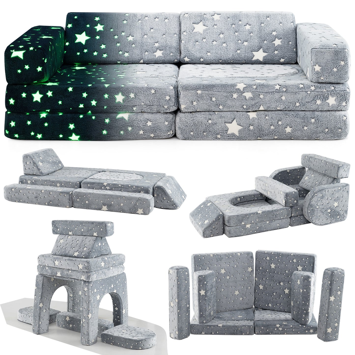 Modular Kids Play Couch Sectional Sofa, 10 Pieces, Glow In Dark, Gray Kids Chairs & Seating Gray at Gallery Canada