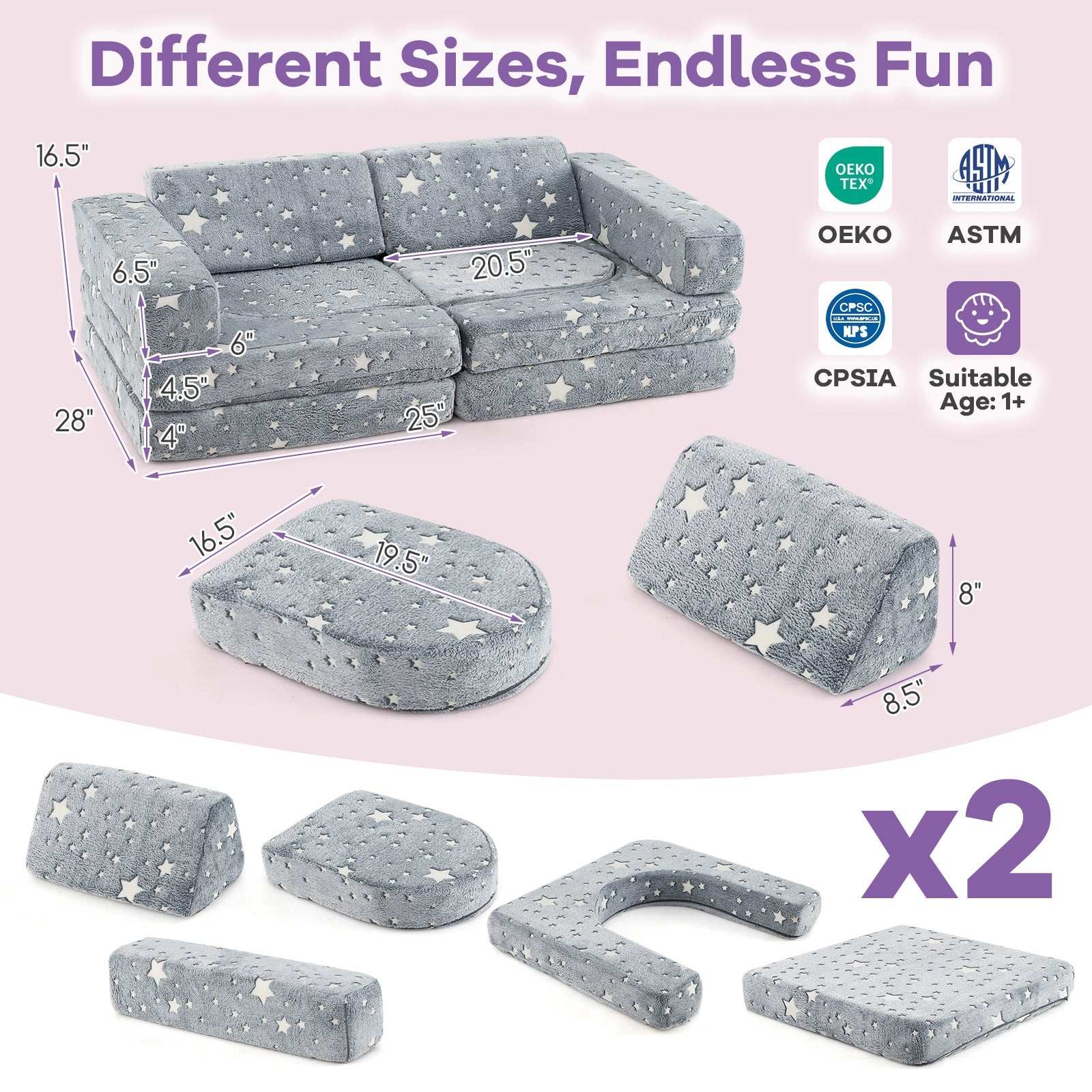 10 Pieces Modular Kids Play Couch Sectional Sofa Glow in the Dark, Gray Kids Chairs & Seating at Gallery Canada