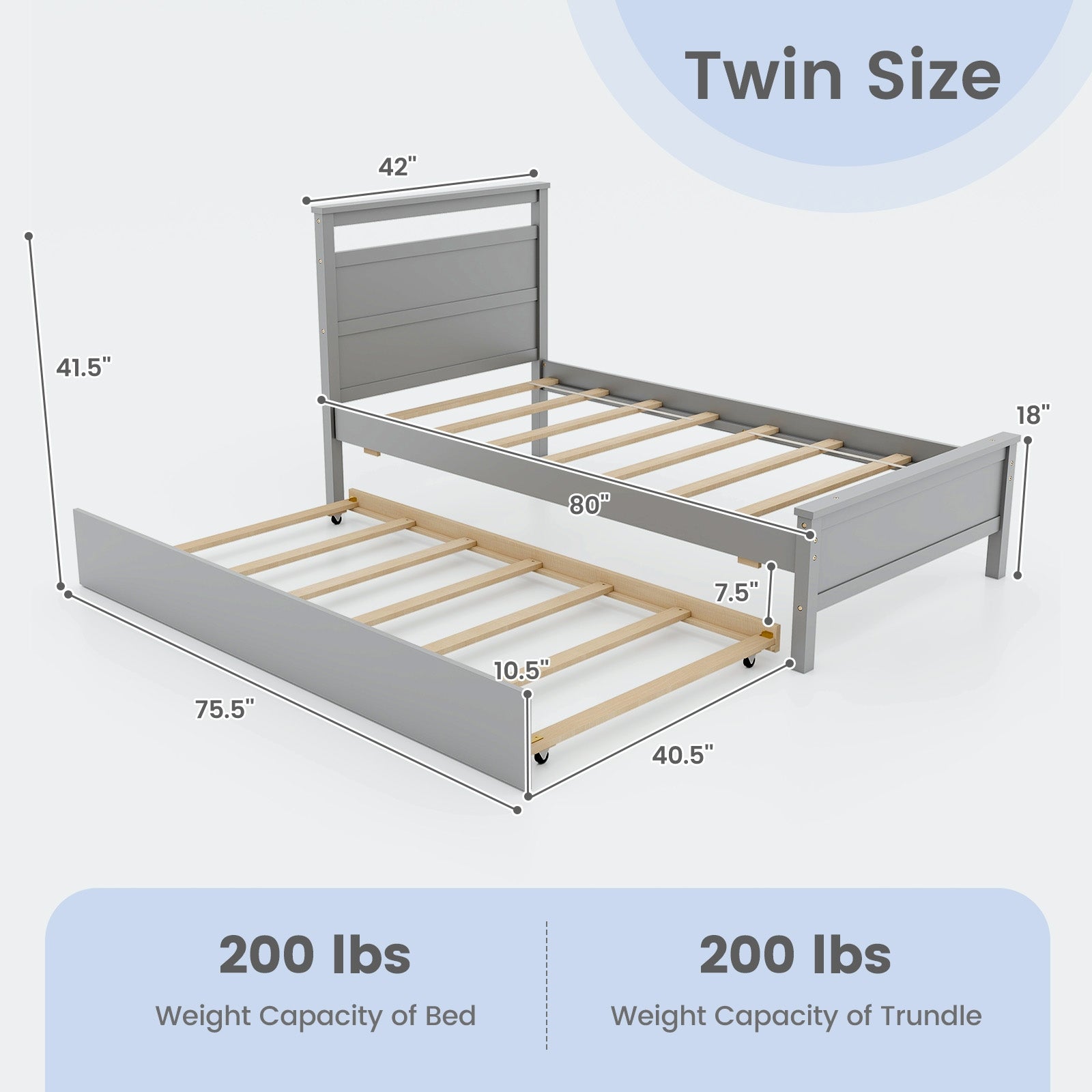 Twin Size Wooden Bed Frame with Trundle for Teens and Adults, Gray Trundle Bed Frame at Gallery Canada
