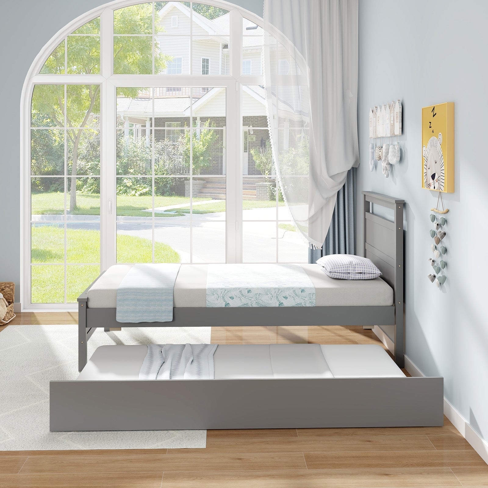 Twin Size Wooden Bed Frame with Trundle for Teens and Adults, Gray Trundle Bed Frame at Gallery Canada