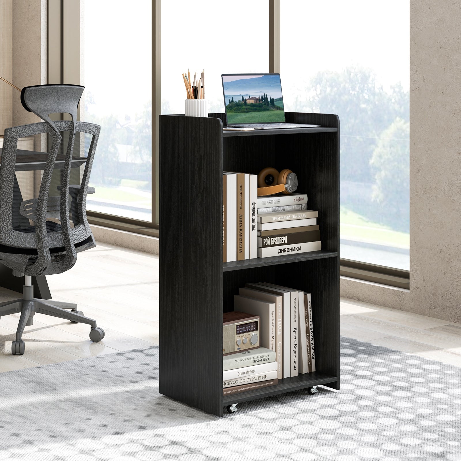 Rolling Podium Stand with 2 Shelves and Lockable Wheels, Black Cabinets & Chests at Gallery Canada