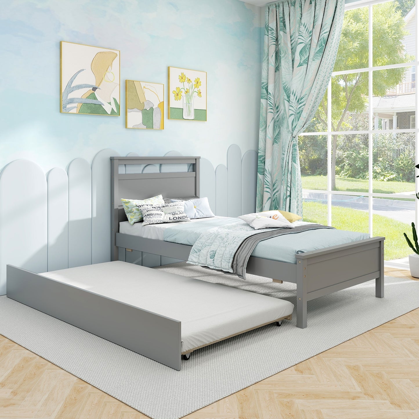 Twin Size Wooden Bed Frame with Trundle for Teens and Adults, Gray Trundle Bed Frame at Gallery Canada