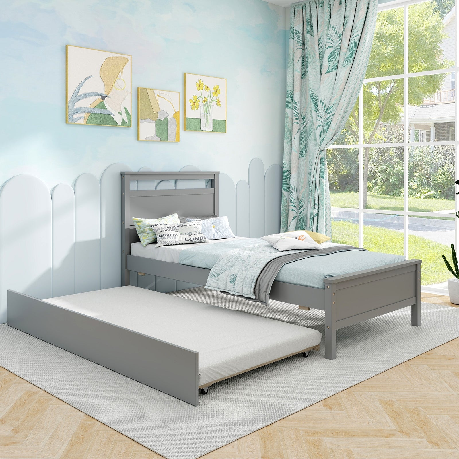 Twin Size Wooden Bed Frame with Trundle for Teens and Adults, Gray Trundle Bed Frame at Gallery Canada