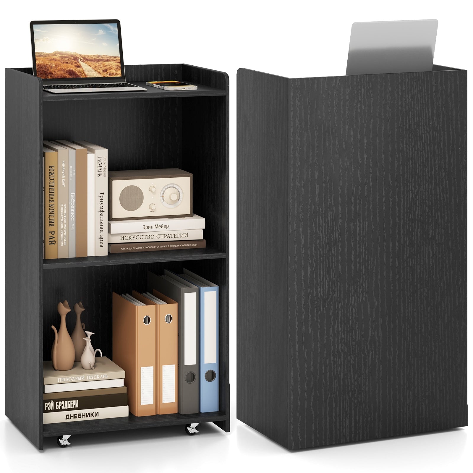 Rolling Podium Stand with 2 Shelves and Lockable Wheels, Black Cabinets & Chests at Gallery Canada