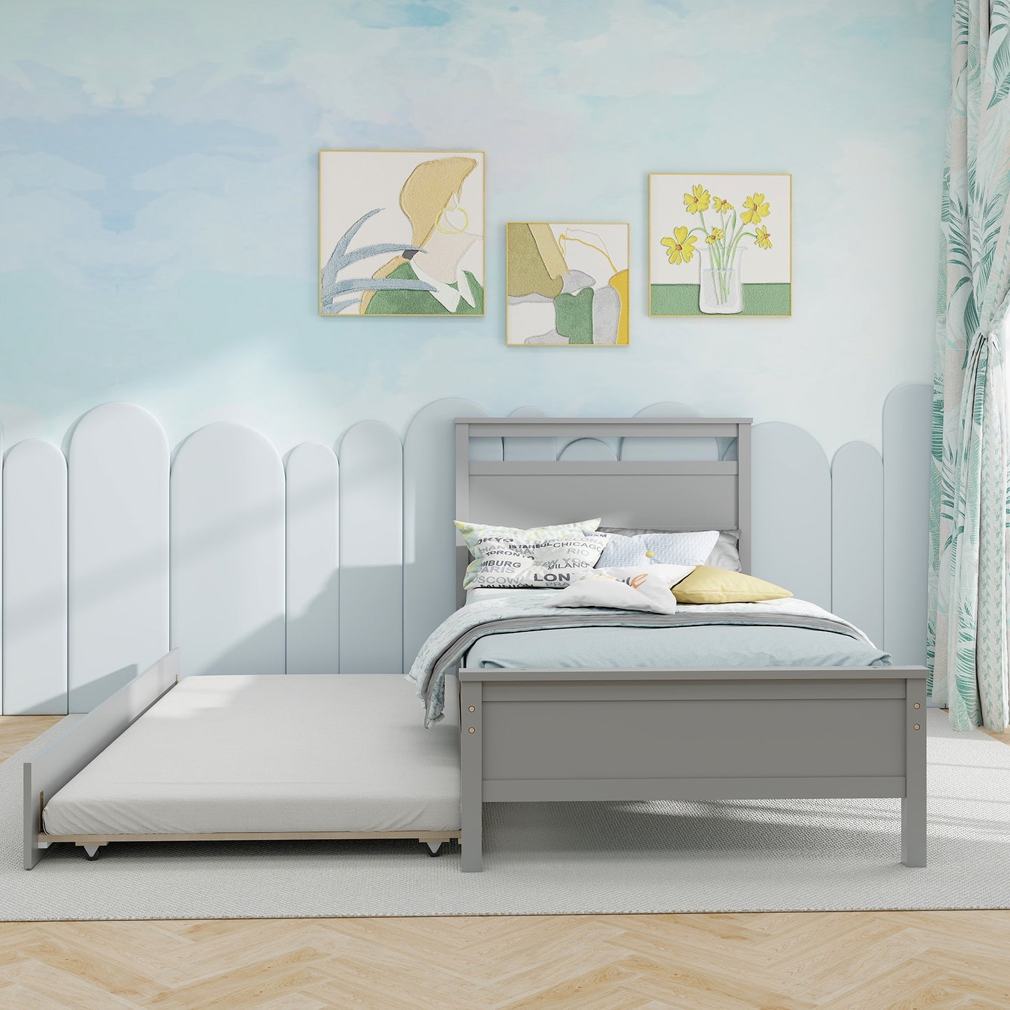 Twin Size Wooden Bed Frame with Trundle for Teens and Adults, Gray Trundle Bed Frame at Gallery Canada