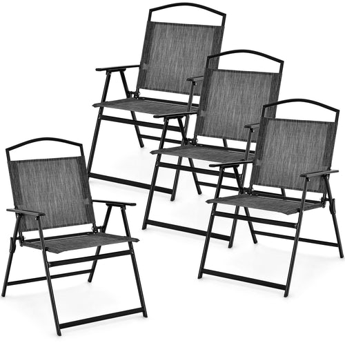 Patio Folding Chairs Set of 4 with Cozy Seat Fabric and Heavy-Duty Metal Frame, Gray