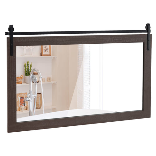 Rectangle Barn Door Style Wall Mounted Mirror with Solid Wood Frame, Walnut