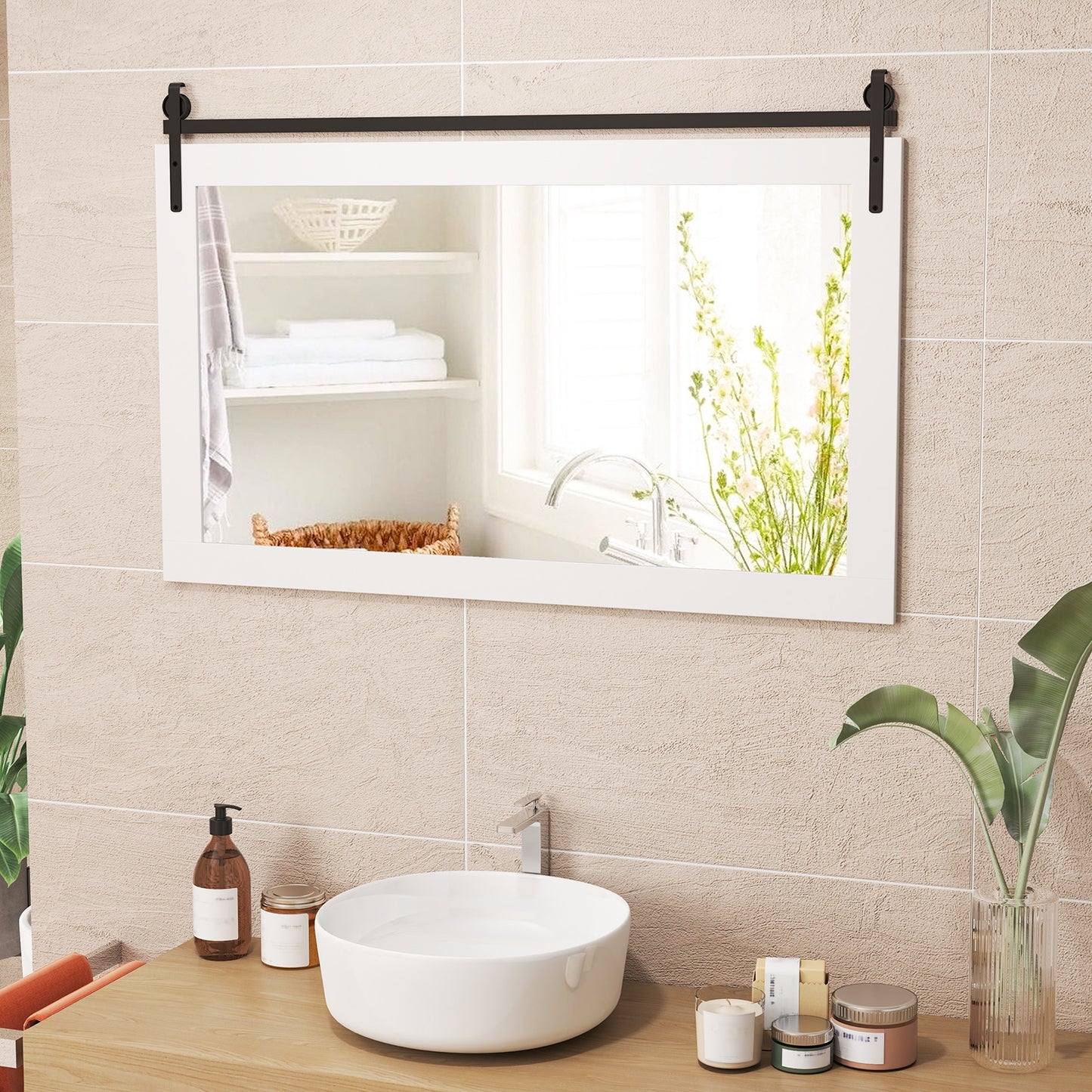 Rectangle Barn Door Style Wall Mounted Mirror with Solid Wood Frame, White Wall Mirrors at Gallery Canada