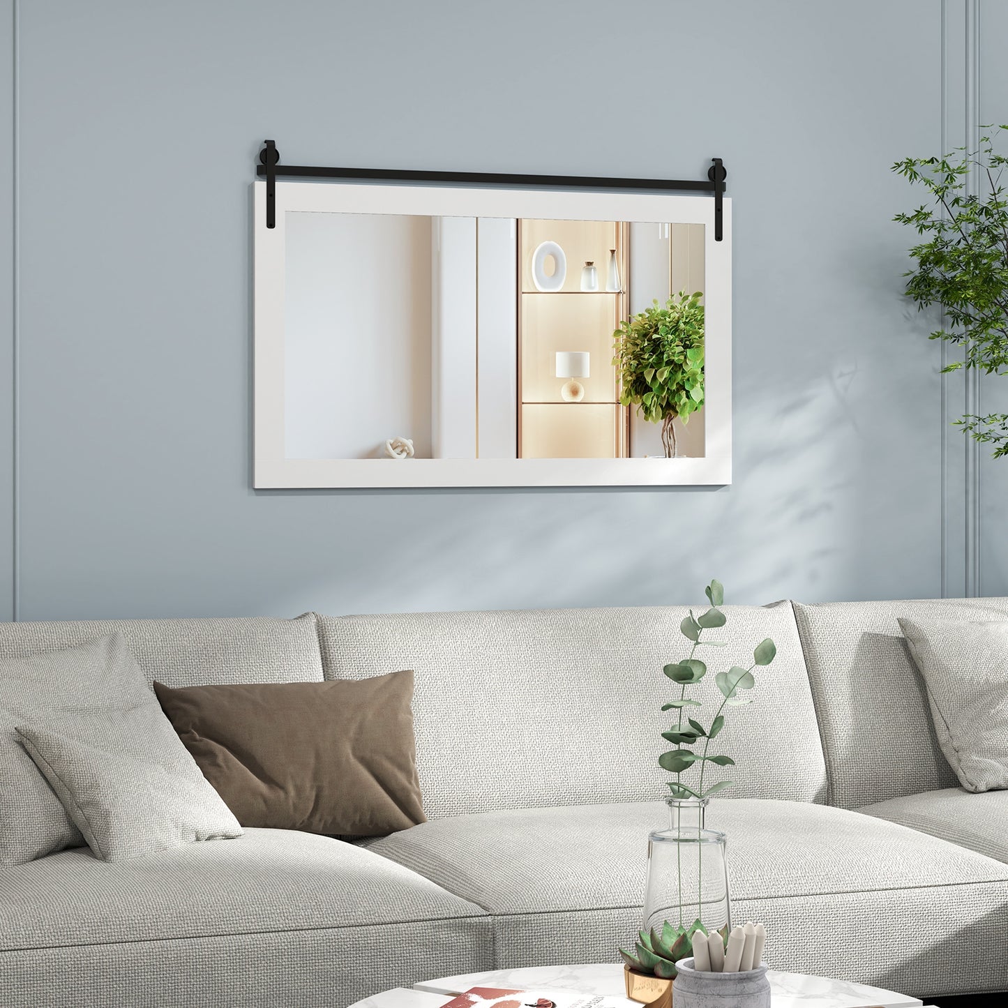 Rectangle Barn Door Style Wall Mounted Mirror with Solid Wood Frame, White Wall Mirrors at Gallery Canada