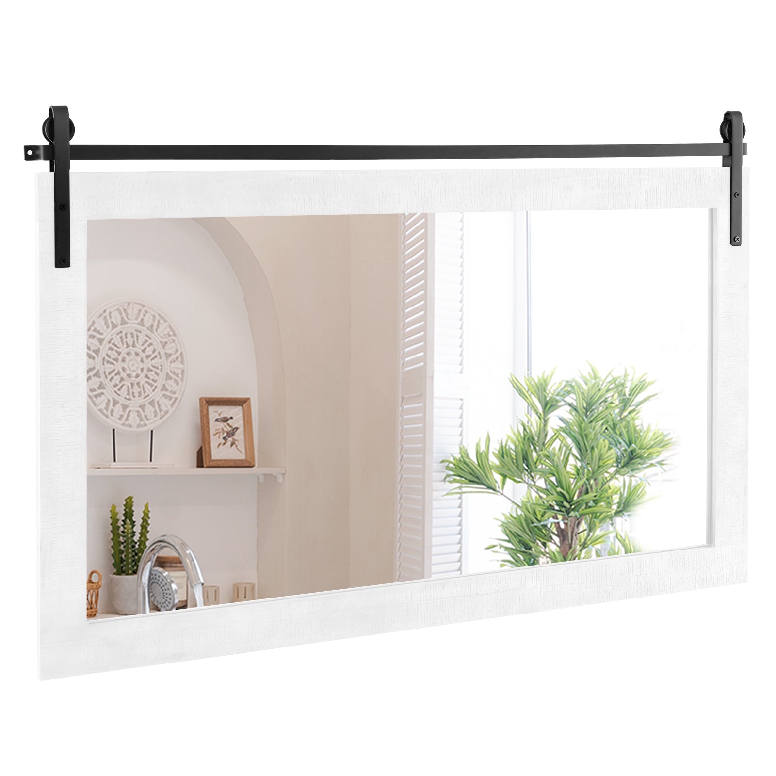 Rectangle Barn Door Style Wall Mounted Mirror with Solid Wood Frame, White Wall Mirrors White at Gallery Canada