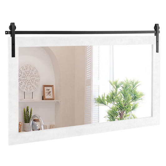 Rectangle Barn Door Mirror, Wall Mounted, Solid Wood Frame, White