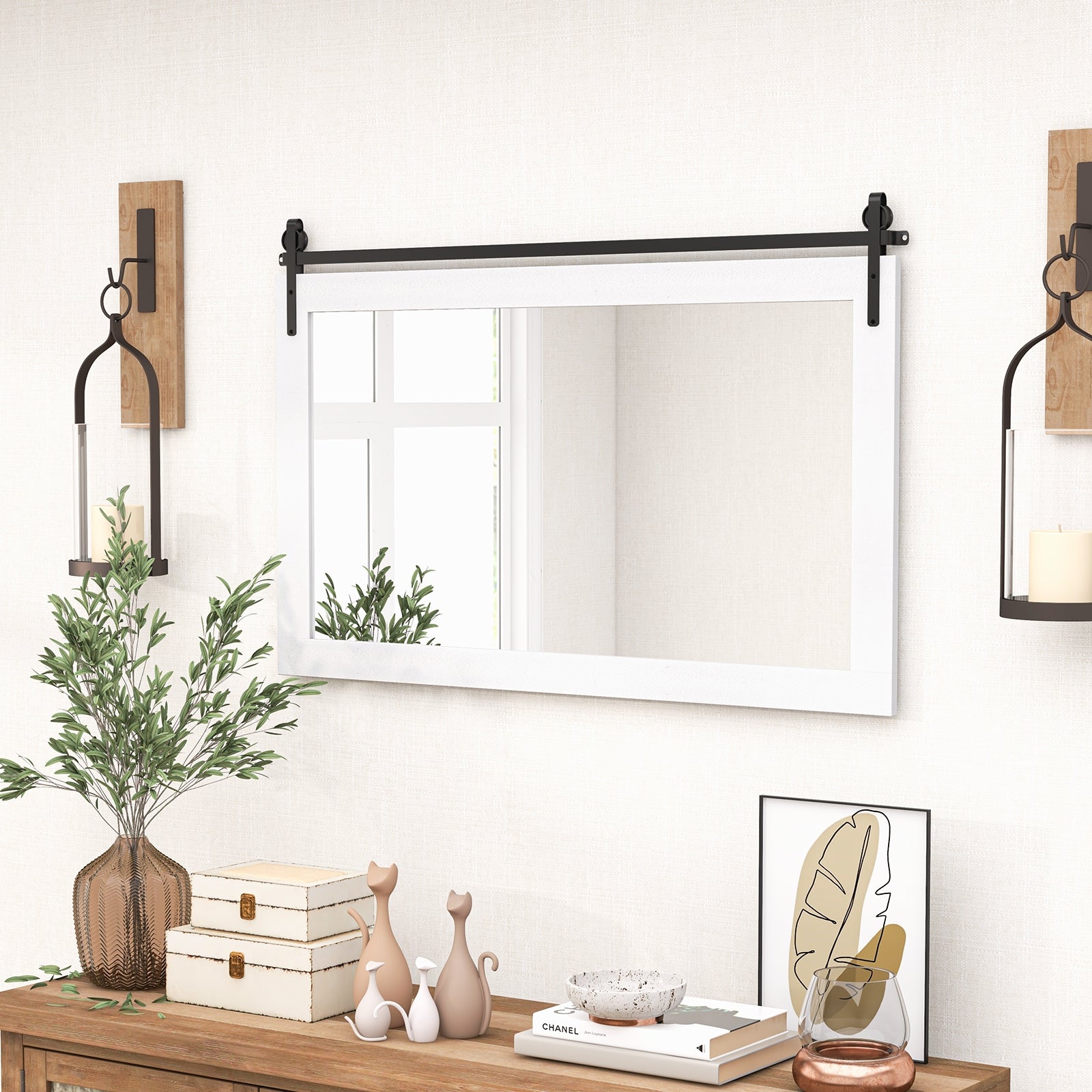 Rectangle Barn Door Style Wall Mounted Mirror with Solid Wood Frame, White Wall Mirrors at Gallery Canada