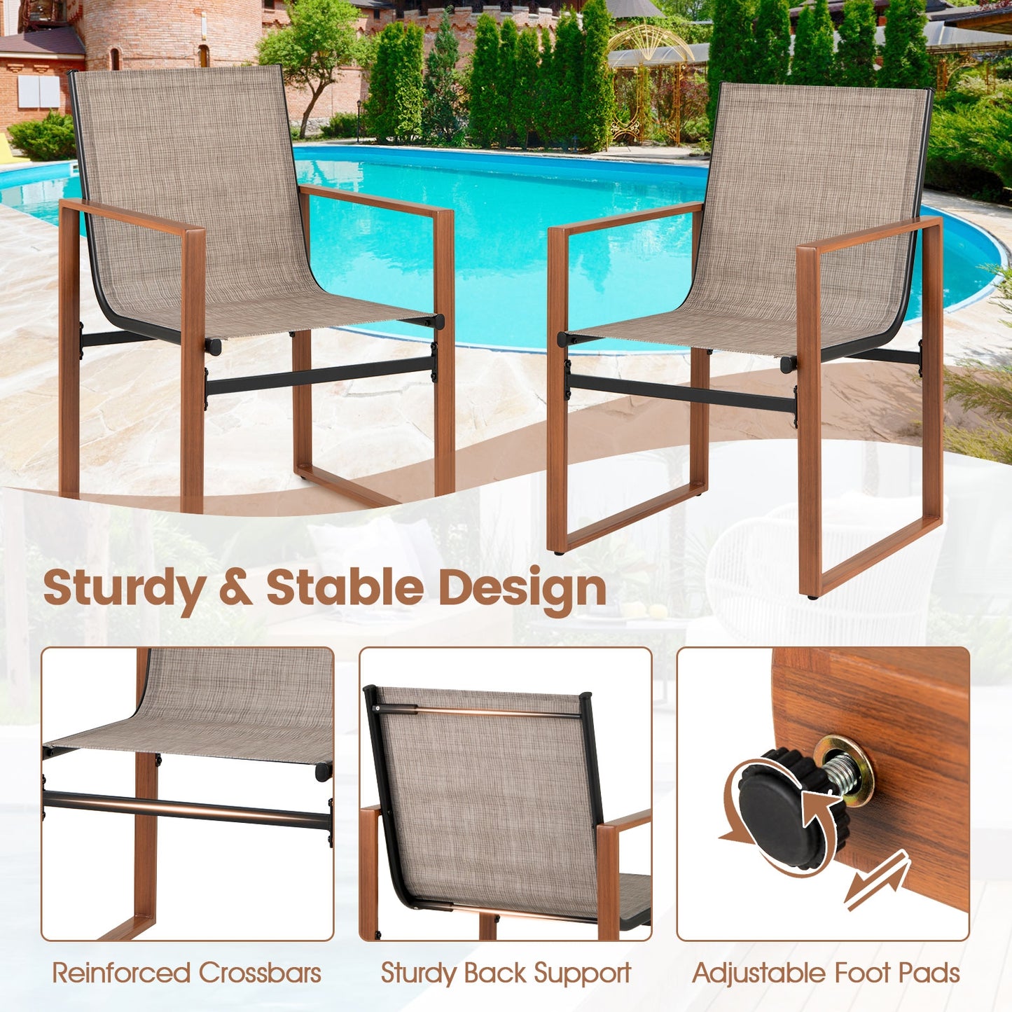 Outdoor Dining Chairs with Breathable Seat and Backrest Set of 2, Brown Patio Dining Chairs at Gallery Canada