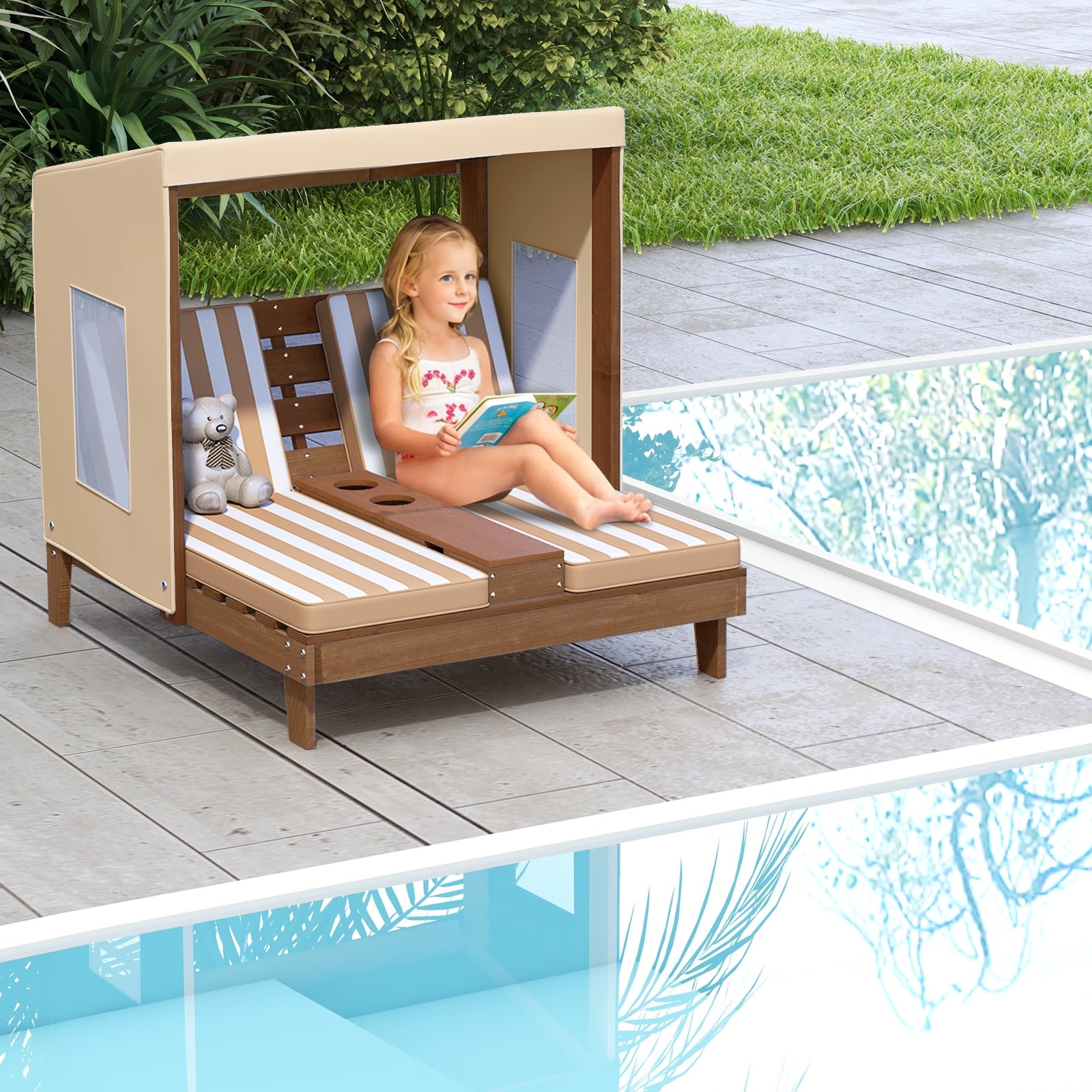 Kids Patio Lounge Chair with Cup Holders and Awning, Brown Kids Chairs & Seating at Gallery Canada