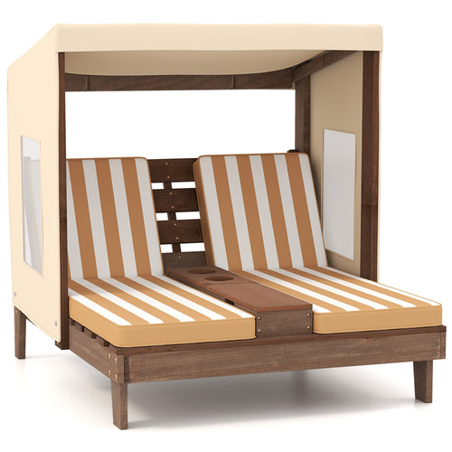 Kids Patio Lounge Chair, With Cup Holders And Awning, Brown