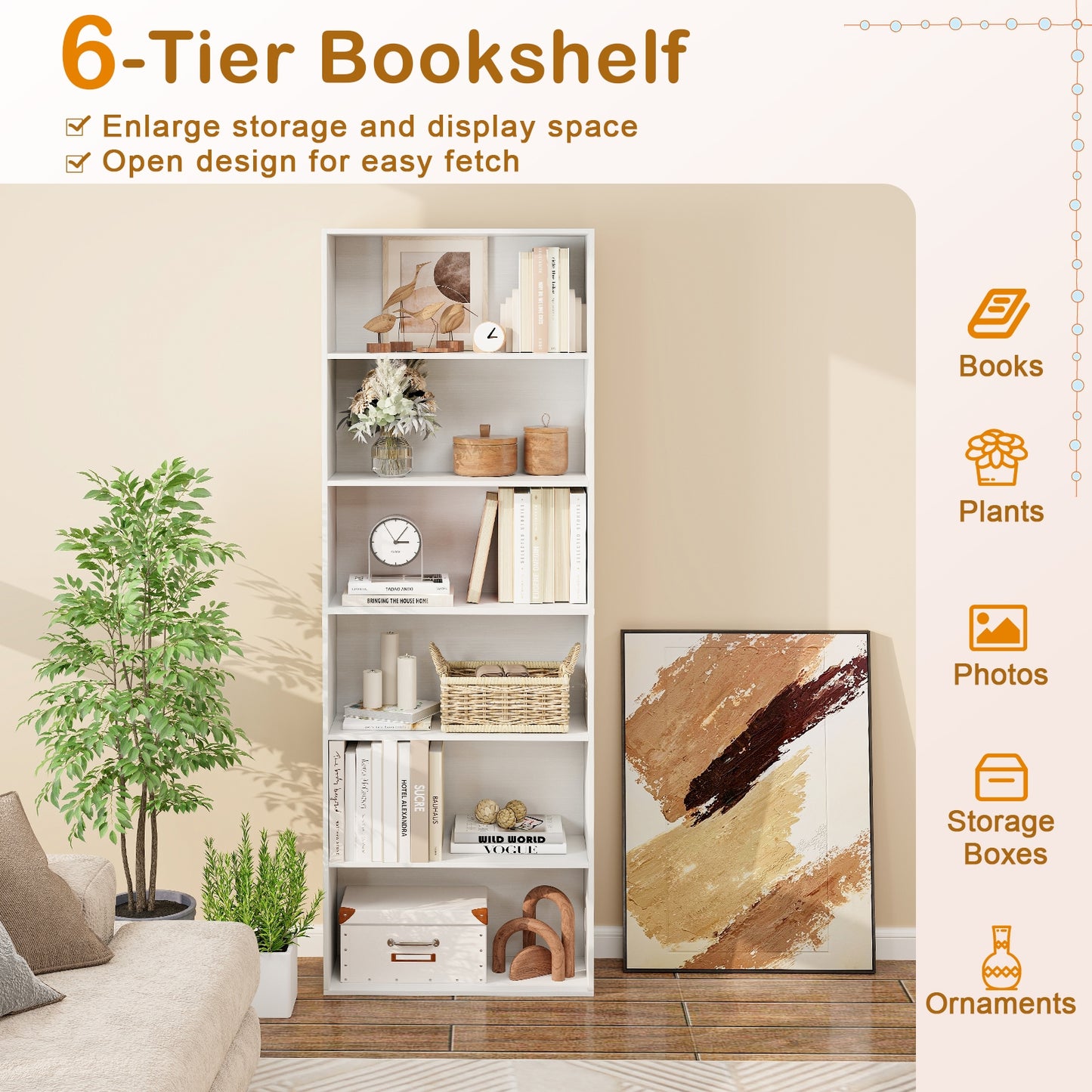 6-Tier Bookcase with 6 Open Shelves and Anti-Toppling Kits, White Bookcases at Gallery Canada