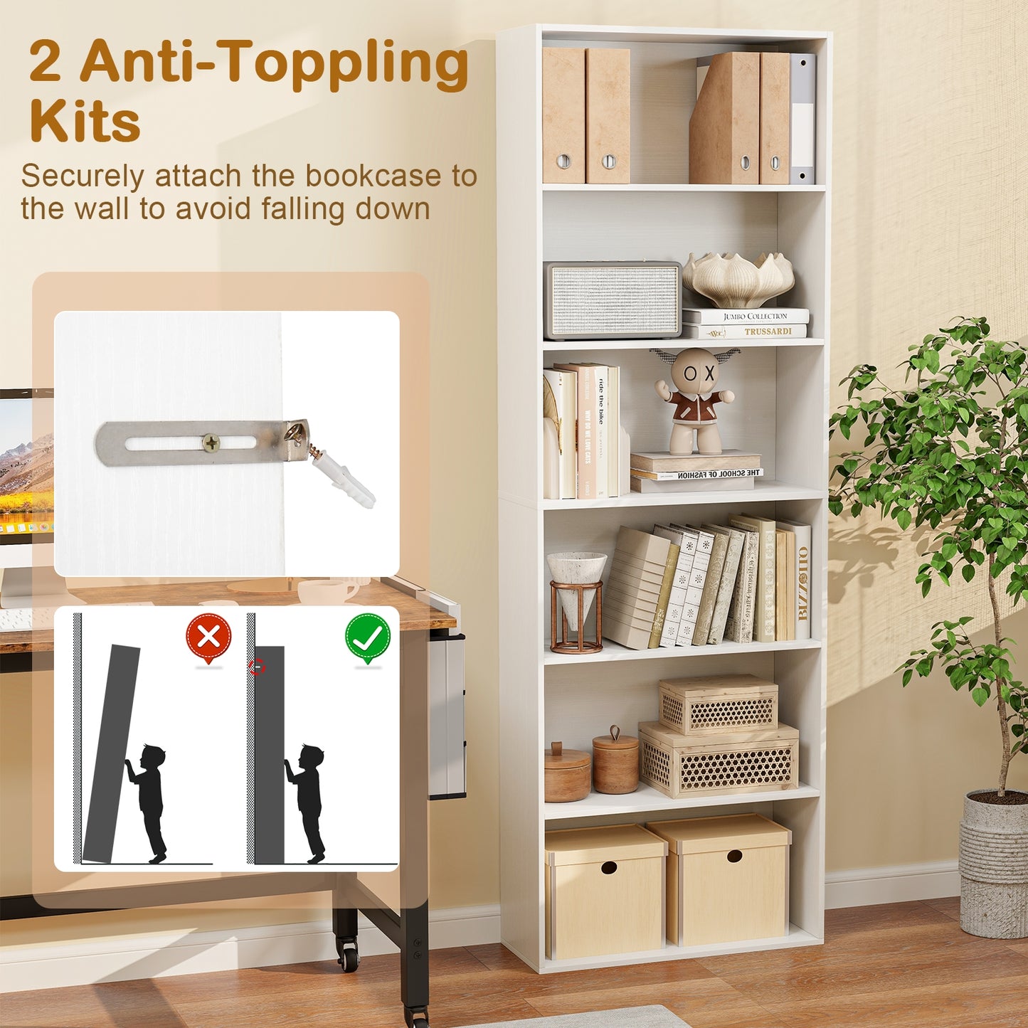 6-Tier Bookcase with 6 Open Shelves and Anti-Toppling Kits, White Bookcases at Gallery Canada