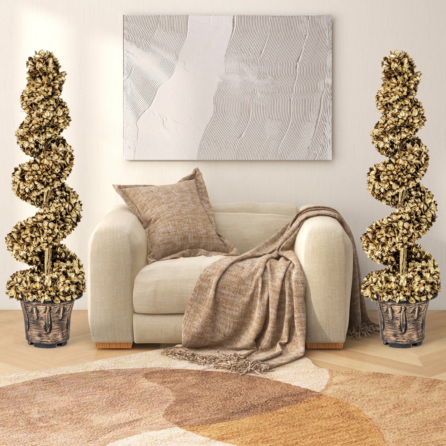 4 FT Artificial Spiral Topiary Tree Set, Vintage Plastic Pot, Gold Faux Plants at Gallery Canada