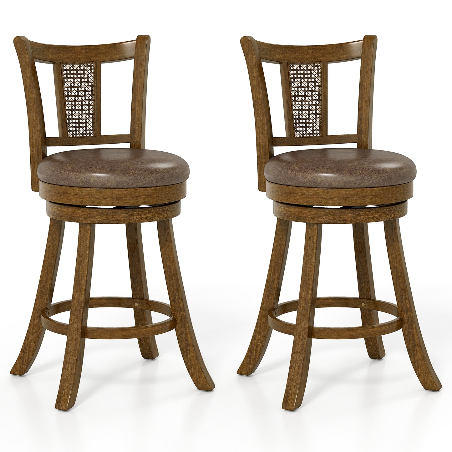 25 Inch Bar Stools Set of 2, PE Rattan Backrest, Rubber Wood Frame, Brown Bar Stools Brown at Gallery Canada