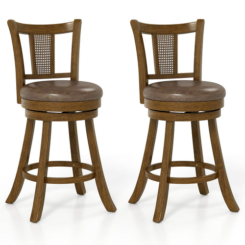 25 Inch Set of 2 Bar Stools with PE Rattan Backrest and Rubber Wood Frame, Brown