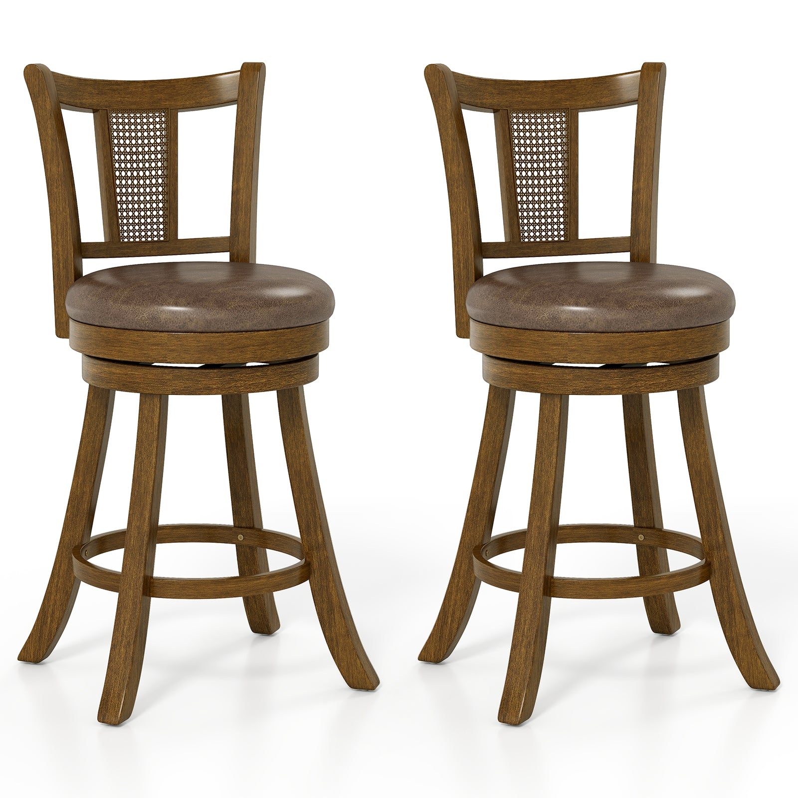 25 Inch Set of 2 Bar Stools with PE Rattan Backrest and Rubber Wood Frame, Brown Bar Stools at Gallery Canada