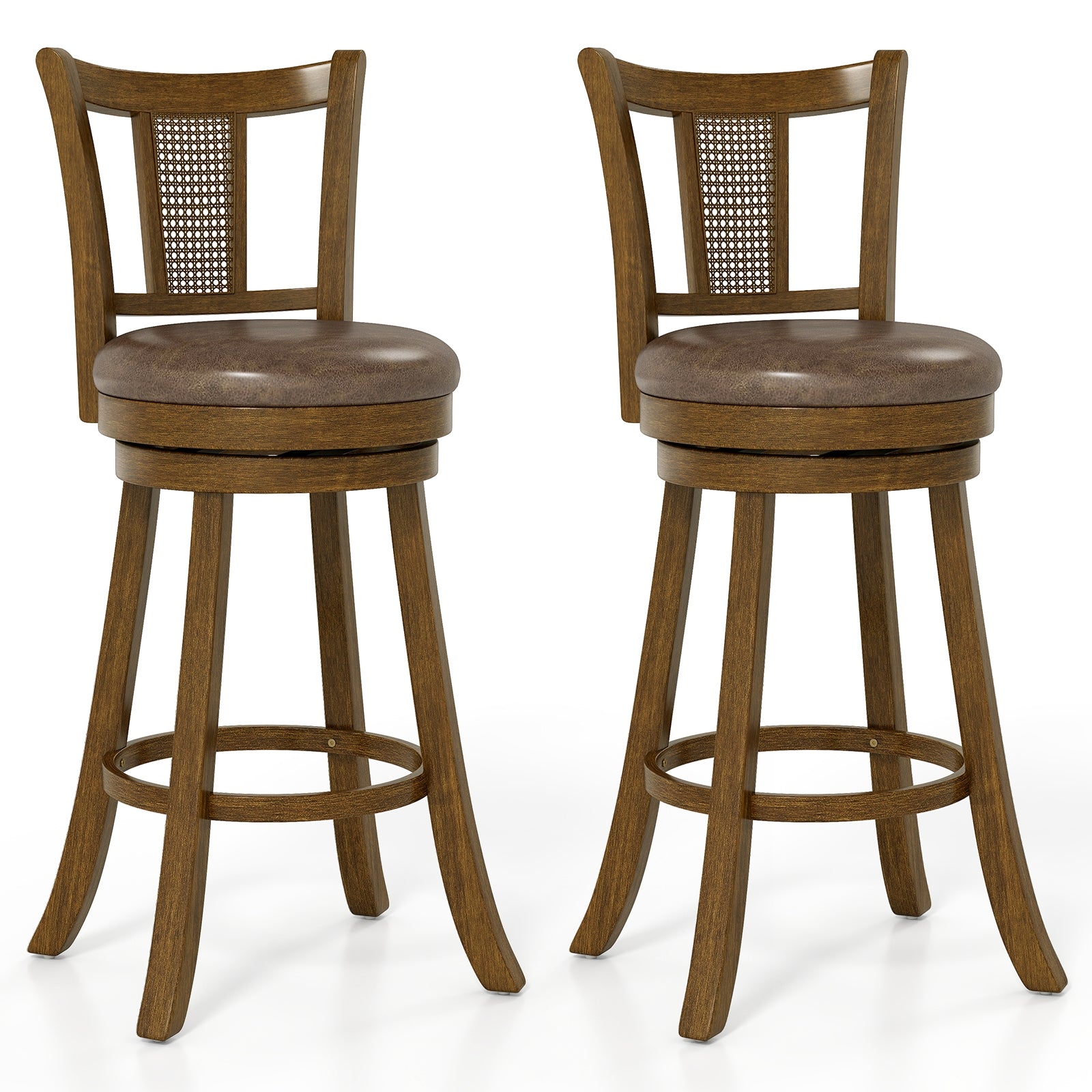 30 Inch Set of 2 Bar Stools with PE Rattan Backrest and Rubber Wood Frame, Brown Bar Stools Brown at Gallery Canada