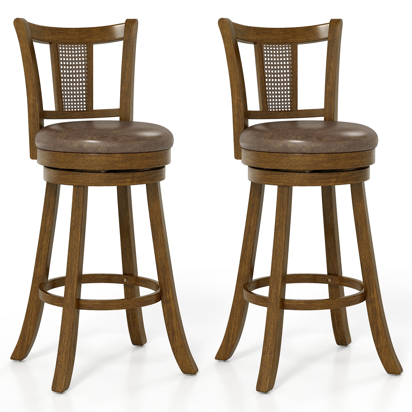 30 Inch Set of 2 Bar Stools with PE Rattan Backrest and Rubber Wood Frame, Brown Bar Stools Brown at Gallery Canada