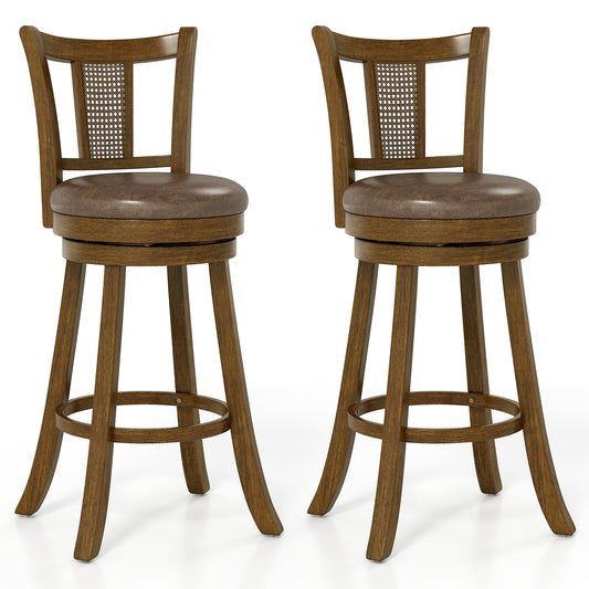 30 Inch Set of 2 Bar Stools with PE Rattan Backrest and Rubber Wood Frame, Brown Bar Stools Brown at Gallery Canada