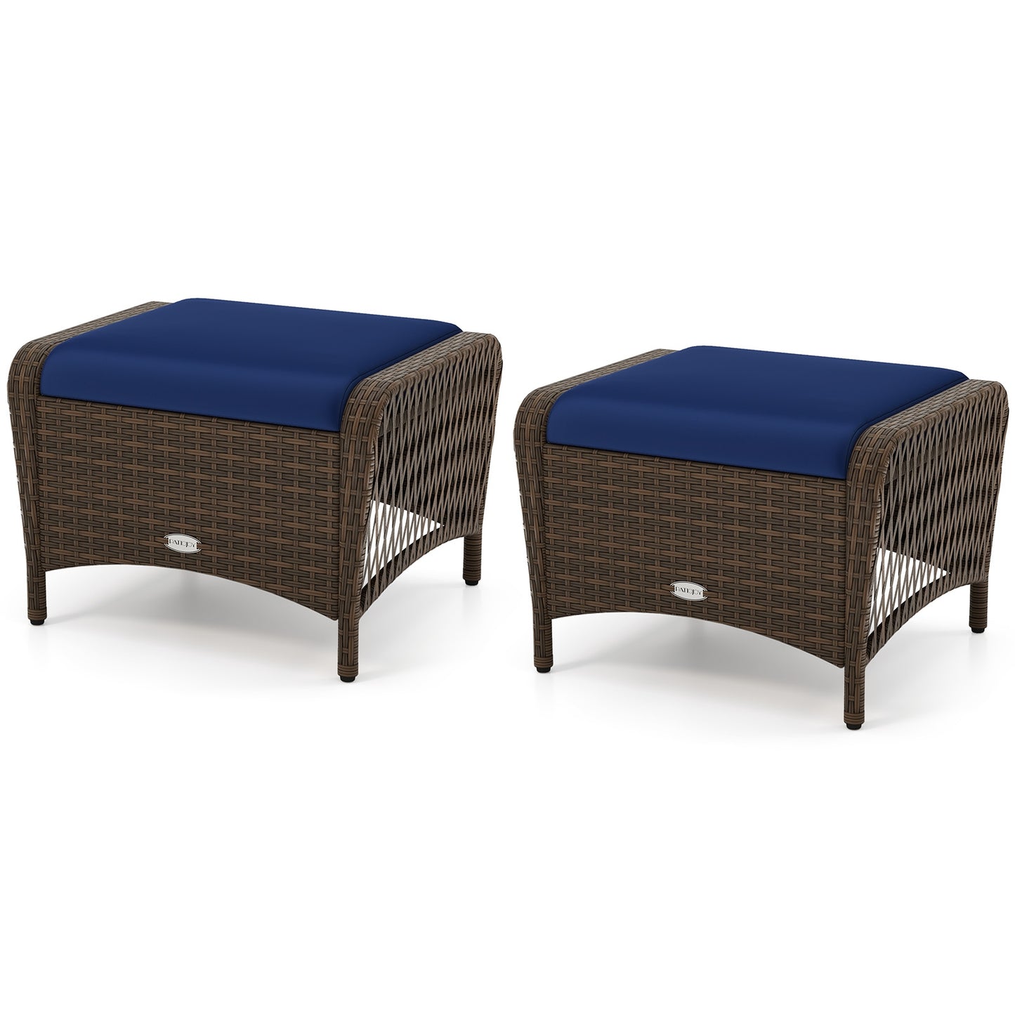 Outdoor Patio PE Wicker Ottomans, Set of 2, Removable Cushions, Navy Outdoor Seating & Patio Chairs at Gallery Canada