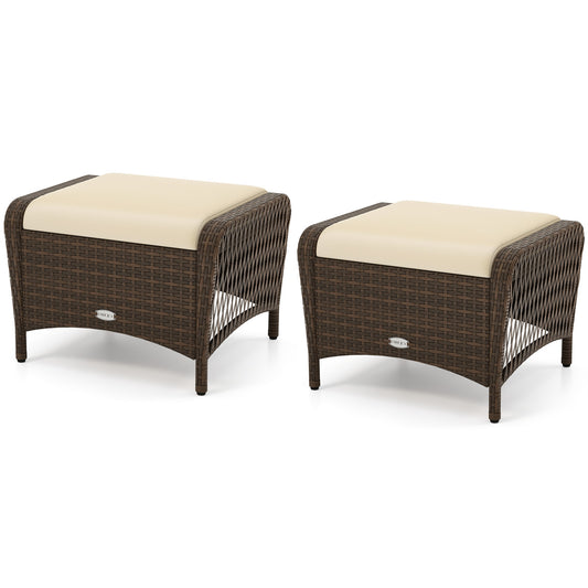 Set of 2 Outdoor Patio PE Wicker Ottomans with Removable Cushions, Beige Outdoor Seating & Patio Chairs Beige at Gallery Canada