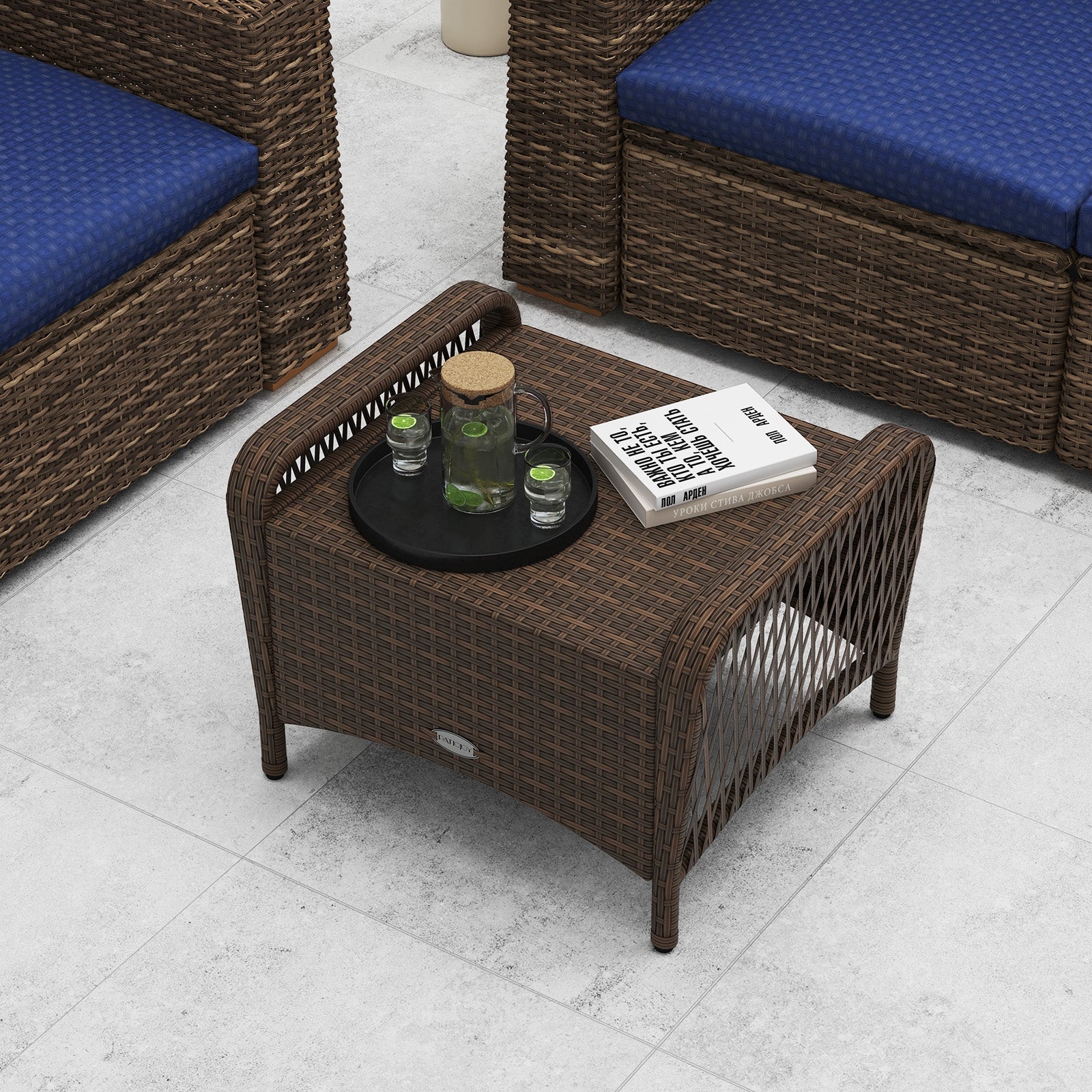 Outdoor Patio PE Wicker Ottomans, Set of 2, Removable Cushions, Navy Outdoor Seating & Patio Chairs at Gallery Canada