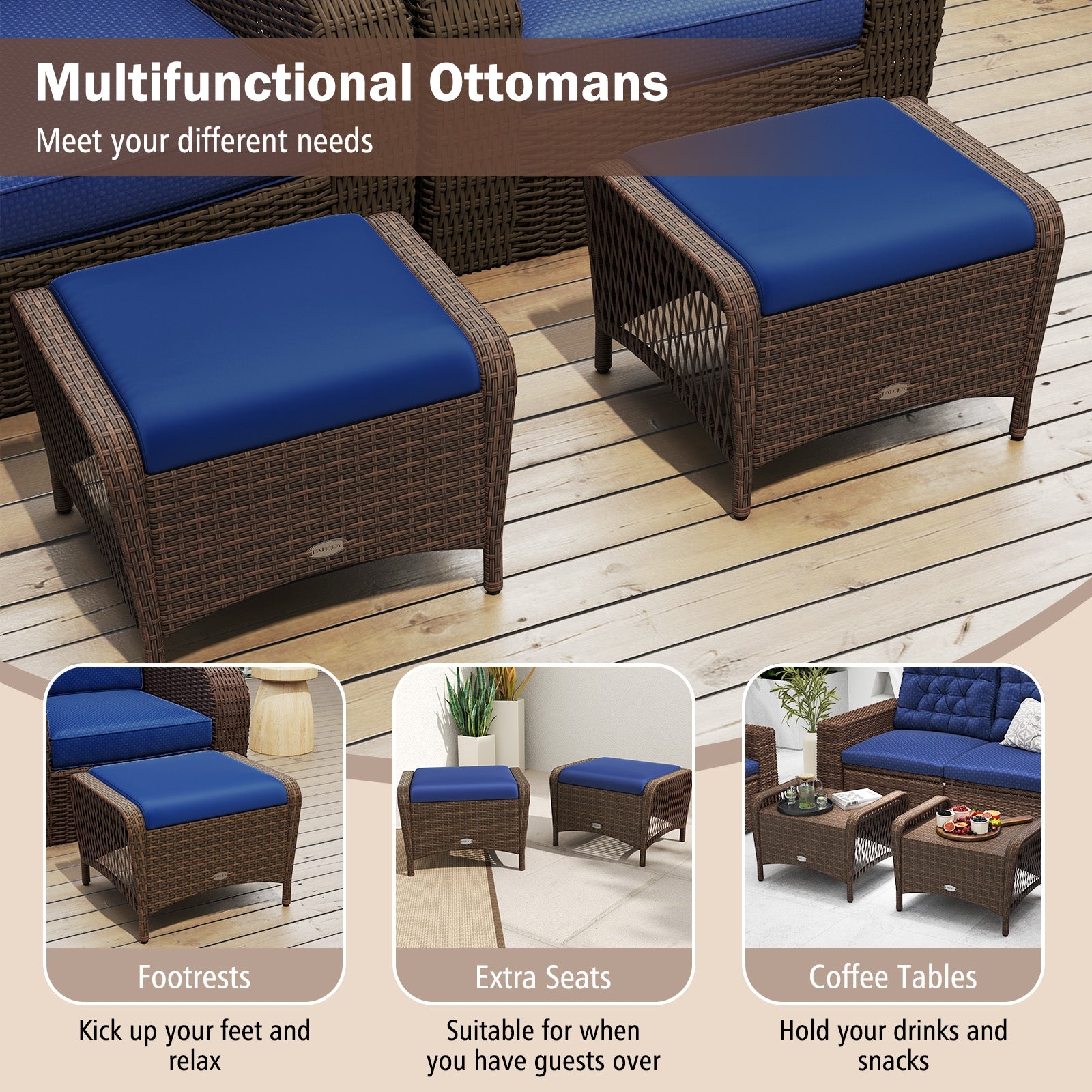 Outdoor Patio PE Wicker Ottomans, Set of 2, Removable Cushions, Navy Outdoor Seating & Patio Chairs at Gallery Canada