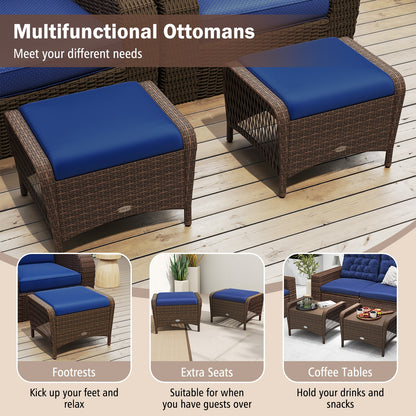 Outdoor Patio PE Wicker Ottomans, Set of 2, Removable Cushions, Navy Outdoor Seating & Patio Chairs at Gallery Canada