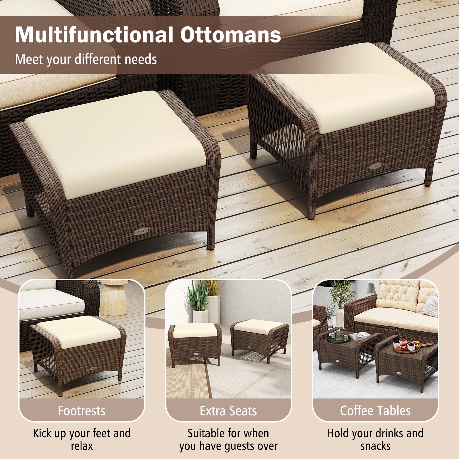 Set of 2 Outdoor Patio Ottomans, Removable Cushions, Beige Outdoor Seating & Patio Chairs at Gallery Canada