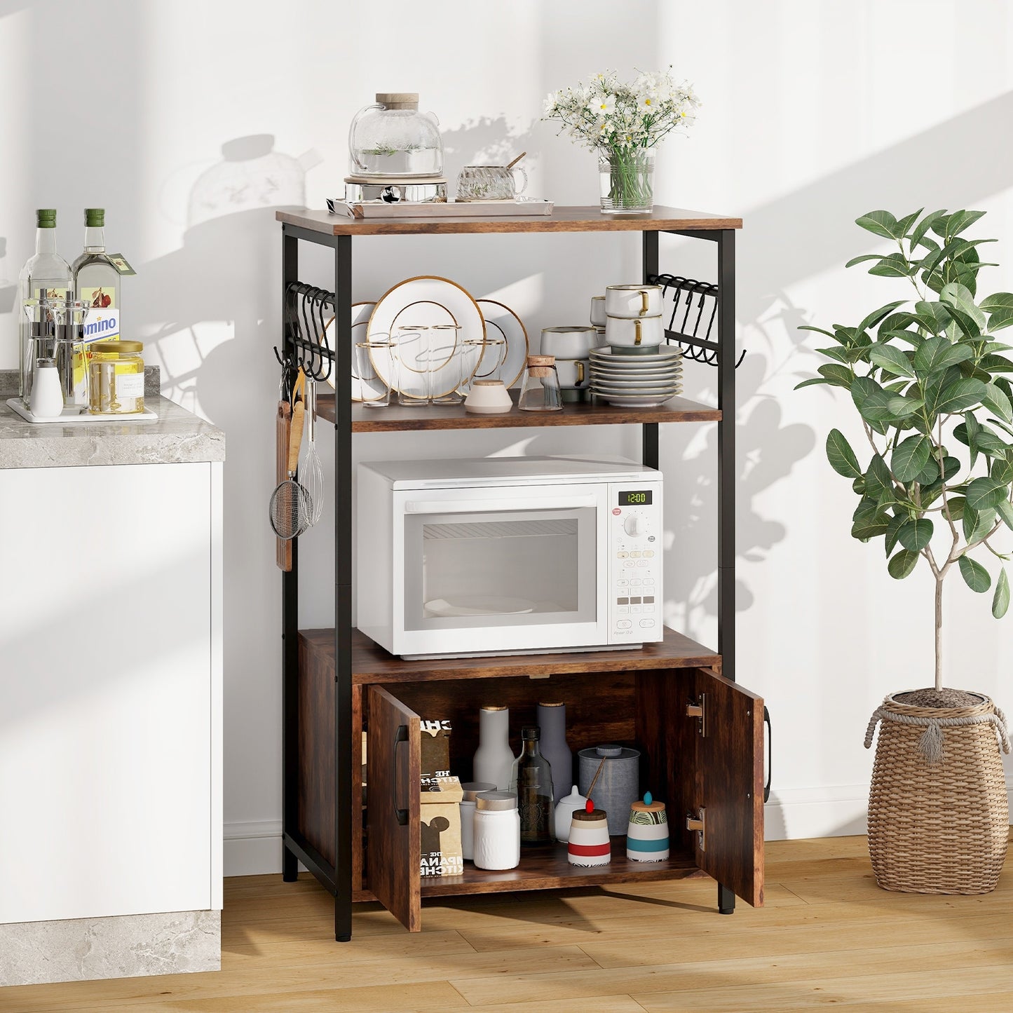 3-Tier Kitchen Baker’s Rack with Cabinet and 2 Open Shelves, Brown Baker's Racks at Gallery Canada