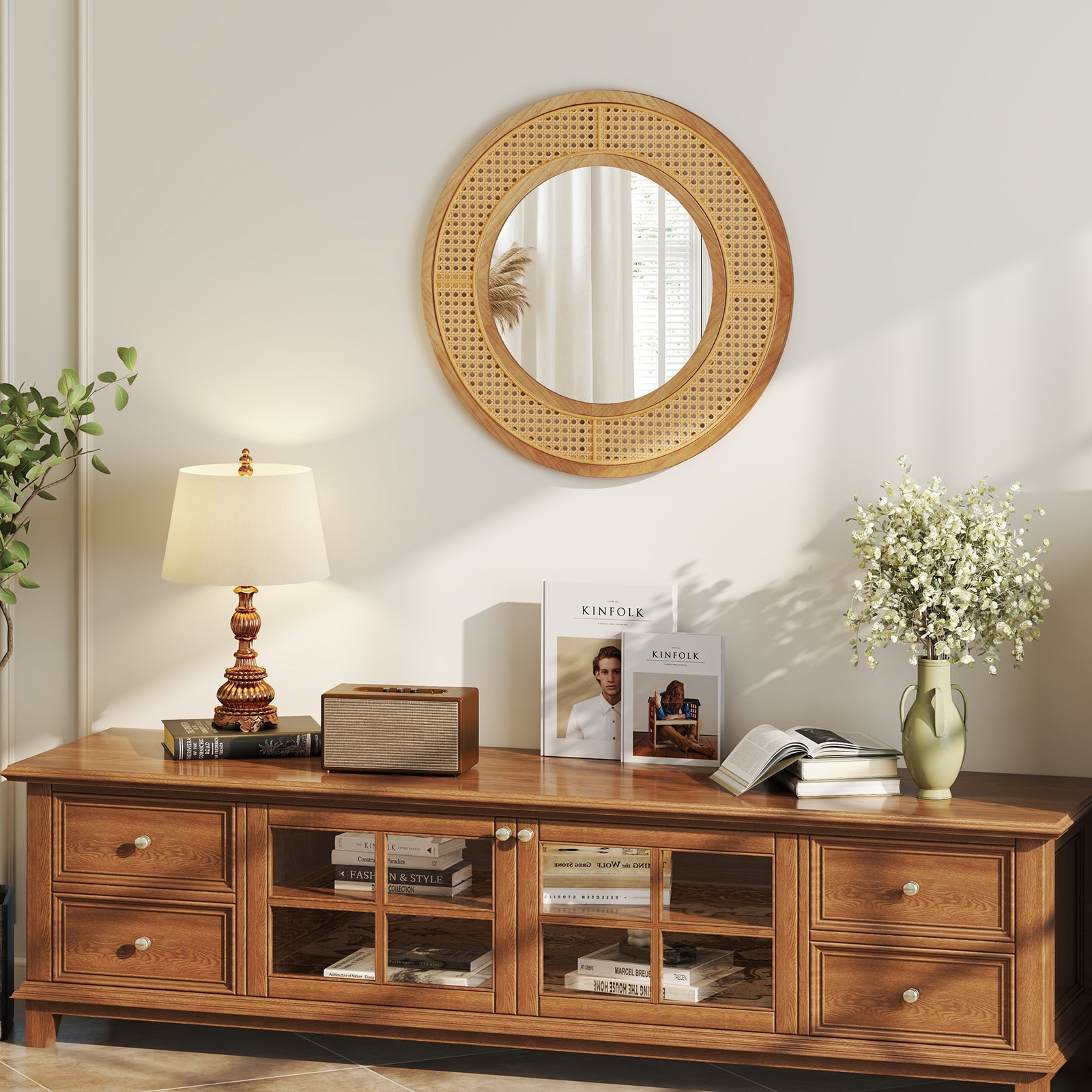 25.5 Inch Bohemian Round Wall Mounted Decorative Mirror with Wooden Frame, Natural Wall Mirrors at Gallery Canada