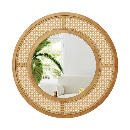 25.5 Inch Bohemian Round Wall Mounted Decorative Mirror with Wooden Frame, Natural Wall Mirrors Natural at Gallery Canada